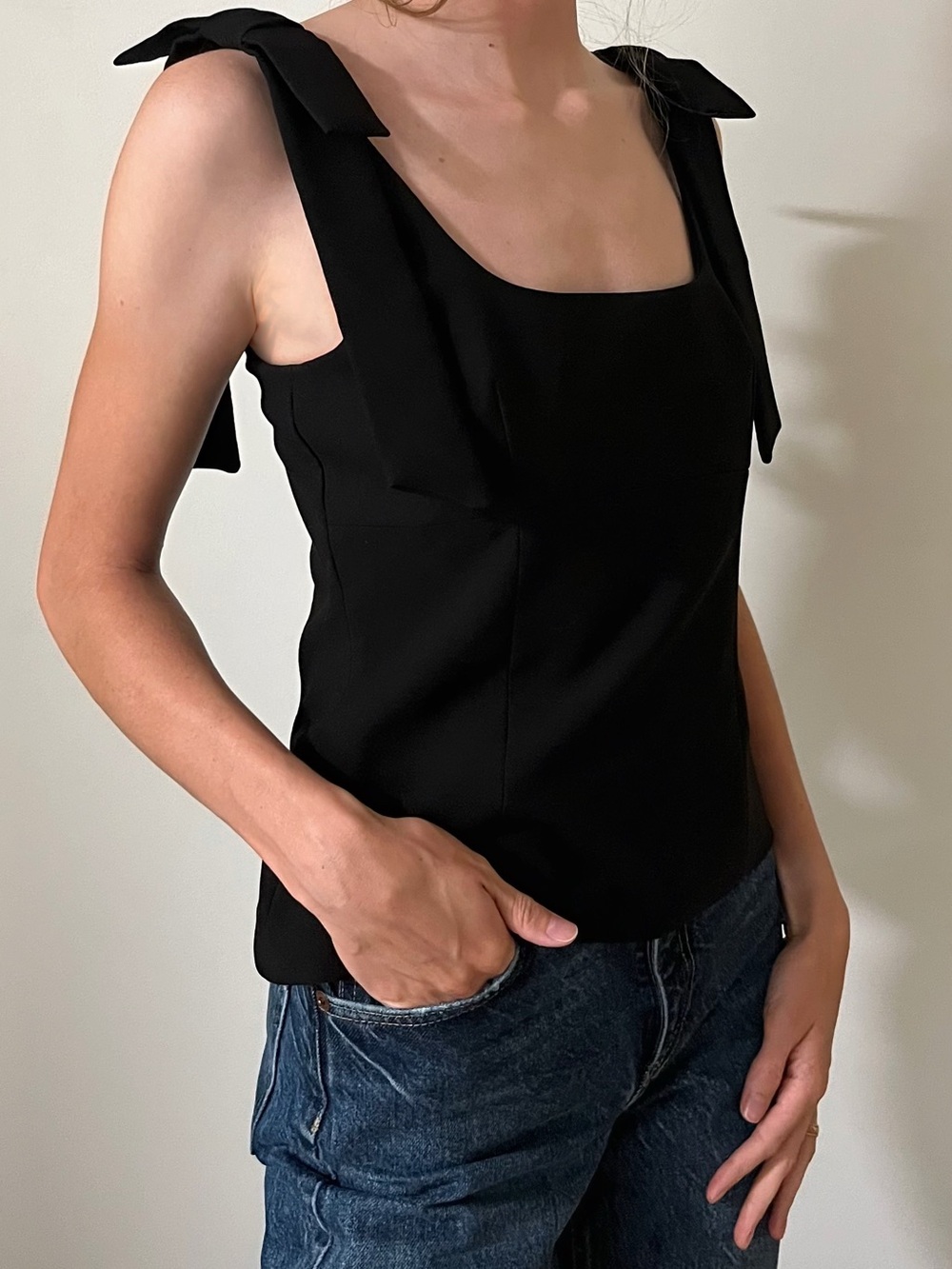 Zara Black Structured Peplum Top Statement Bow Shoulder Straps